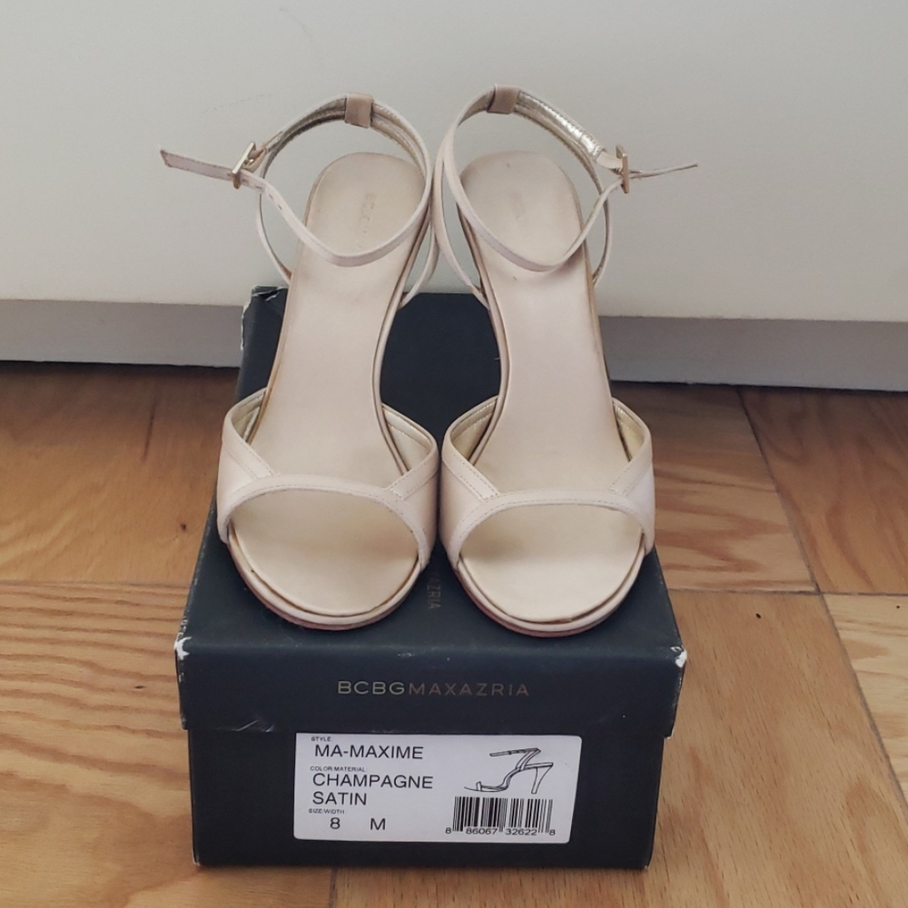 BCBG Maxazria Maxime Champagne Satin Sandals 8M